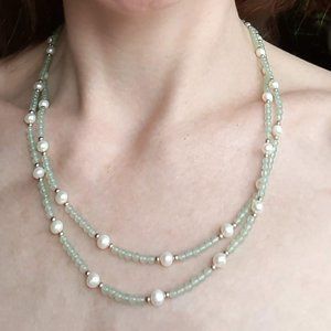 Necklace, jade, pearl, gold-filled spacers & clasp